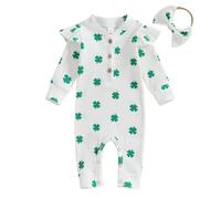 Loalirando Toddler Baby Girls St. Patrick's Day Ribbing Romper Irish Clover Shamrock Print Long Sleeve One-Piece Jumpsuit With Bow Headband Spring Fall (White, 3-6 Months)