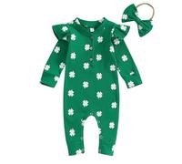 Loalirando Toddler Baby Girls St. Patrick's Day Ribbing Romper Irish Clover Shamrock Print Long Sleeve One-Piece Jumpsuit With Bow Headband Spring Fall (Green, 3-6 Months)