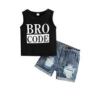 Loalirando Toddler Boy 2Pcs Summer Outfit Round Neck Sleeveless Bro Code Vest Tank Top Ripped Denim Shorts Beach Jeans Clothing Set (Black, 6-12 Months)