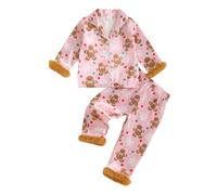 Loalirando Toddler Girl Christmas Satin Pajamas Set Gingerbread Man Print Feather Trim Lapel Long Sleeve Button Down Tops with Pants Sleepwear (Pink, 18-24 Months)