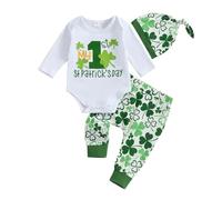 Loalirando Toddler My First St.Patricks Day Baby Boy Gentleman Outfit Green Bow Tie Long Sleeve Romper Lucky Shamrock Pant Clothes Set 3Pcs (White 3, 3-6 Months)