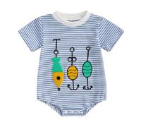 Loalirando Unisex Baby Boy Girl Striped Romper Fish Embroidery Waffled Bodysuit Crewneck Short Sleeve Bubble Oversized Jumpsuit Toddler Summer Clothes (Blue, 6-12 Months)