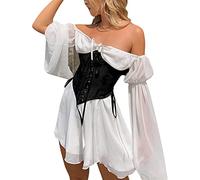 Loalirando Women Elegant Short Puff Sleeve Off-Shoulder Tunic Dress Solid Color Square Neck Elastic Waist A-line Mini Dress Streetwear (A# White, L)