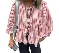 Loalirando Women Y2K Bandage Blouse 3/4 Puff Sleeves Round Neckline Tie Front Ruffle Shirt Tops Women Open Front Peplum Blouse Fashion Streetwear (Red Stripes, XL)