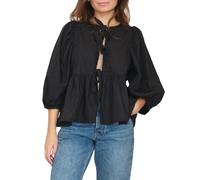 Loalirando Women Y2K Bandage Blouse 3/4 Puff Sleeves Round Neckline Tie Front Ruffle Shirt Tops Women Open Front Peplum Blouse Fashion Streetwear (Black, L)