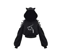 Loalirando Women's Cute Cat Ear Crop Top Oversized Hoodie Off Shoulder Hollow Out Long Sleeve Black Punk Gothic Sweatshirts (Little cat, Small)