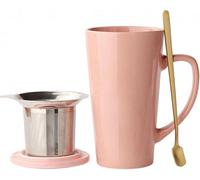 LOAMCRAF 15 Ounce Porcelain Tea Mug with Infuser, Lid and Spoon, Loose Leaf Tea Cup (Pink)