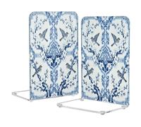 Loancwa Acrylic Bookends, Blue and White Porcelain Magpie Pattern, 2 Pack, 5.4 x 4.1 x 8.1 Inches