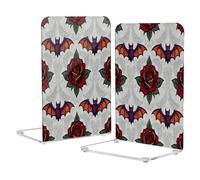 Loancwa Acrylic Bookends, Gothic Bat and Rose Pattern, 2 Pack, 8.1 x 5.4 x 4.1 Inches