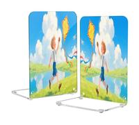 Loancwa Acrylic Bookends, The Boy Flying A Kite Pattern, 2 Pieces, Colorful, 5.4 x 4.1 x 8.1 Inches