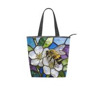 Loancwa Canvas Tote Bag with Zipper,Stained Glass Bee Shoulder Handbag With Two inner patch pockets, Durable Polyester Casual Daily Shopping Bag.