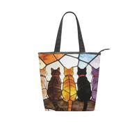 Loancwa Canvas Tote Bag with Zipper,Stained Glass Cat Shoulder Handbag With Two inner patch pockets, Durable Polyester Casual Daily Shopping Bag.