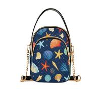 Loancwa Celestial Crossbody Bag with Sun and Moon Pattern, Navy Blue Quilted Polyester, 3 Zippered Compartments, Gold Chain Strap, 8.27x5.91x3.15 Inches