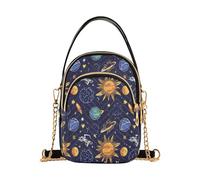 Loancwa Celestial Print Crossbody Phone Bag, Quilted Polyester with Gold Chain Strap, 3 Zippered Compartments, 8.27x5.91x3.15 Inches
