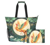 Loancwa Chinese Phoenix Landscape Pattern Beach Tote Bag, Water Resistant Polyester, Multi-Pocket for Towel Swimwear, with Bonus Pouch for Travel Gym Shopping