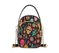 Loancwa Crossbody Mini Bag, Colorful Sugar Skull Pattern with Cactus and Flowers, Quilted Polyester, 8.27x5.91x3.15 Inches, Three Zippered Compartments, Detachable Gold Chain Strap