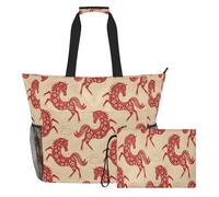 Loancwa Dancing Horse Pattern Beach Tote Bag, Water Resistant Polyester, Multi-Pocket for Towel Swimwear, with Bonus Pouch for Travel Gym Shopping