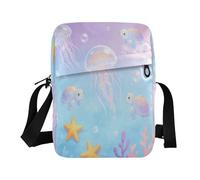 Loancwa Jellyfish and Starfish Pattern Polyester Crossbody Bag 6.6 * 9.4 * 2.5in Multi Compartment Shoulder Sling Purse for Daily Outdoor Travel School & Casual Gift