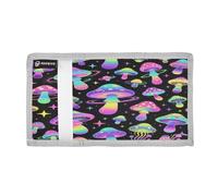 Loancwa Nylon Cloth Wallet with Keychain,Psychedelic Mushroom Pattern Foldable Compact Wallet, 2 ID Windows 3 Card Slots Zipper Coin Pocket, Portable Lanyard Wallet for Boys Girls