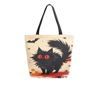 Loancwa Open Top Large Canvas Tote Bag, Interesting Black Cat Pattern Shoulder Handbag With Inner Zipper Pocket, Durable Polyester Casual Daily Shopping Bag