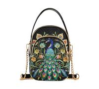 Loancwa Peacock Embroidered Crossbody Phone Purse, Black Multi-Pocket Mini Bag with Gold Chain Strap, Polyester, 5.9x8.3x3.1 Inches