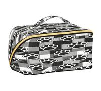 Loancwa Plaid Pet Paw Prints Toiletry Bag for Women, Vertical Free-Standing Cosmetic Bag with Dividers, Stylish Makeup Organizer