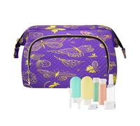 Loancwa Quilted Fish Mouth Cosmetic Bag for Women, Large Capacity Travel Makeup Organizer with 9 PCS Travel Bottles Set, Open Mouth Makeup Bag, Polyester Toiletry Bag for Travel, Daily, Sports.DS139