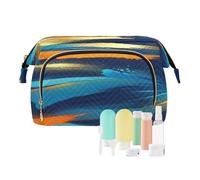 Loancwa Quilted Fish Mouth Cosmetic Bag for Women, Large Capacity Travel Makeup Organizer with 9 PCS Travel Bottles Set, Open Mouth Makeup Bag, Polyester Toiletry Bag for Travel, Daily, Sports.DS89