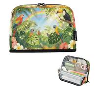 Loancwa Tropical Rainforest with Parrot Patterns Standing Pencil Case, 8.3×1.96×5.9im, 100% Polyester Oxford, Foldable Magnetic Base, Multi Compartments for School Office Travel, 3+ Age