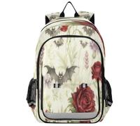 Loancwa Unisex Kids Ink Wash Painting with Bat and Flower Patterns Laptop Backpack, Elementary School Daypack with Laptop Compartment & Organizer Pockets