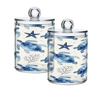 Loancwa Watercolor Starfish and Turtle Pattern Cotton Swab Storages Container, 2-Pack