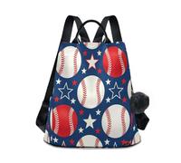 Loancwa Women’s Baseball Star Flag Pattern Backpack 17L - 290 Twill Polyester Casual Daypack with Anti-Theft Back Zipper, Leather Handle & Plush Ball Keychain for Travel Shopping Outdoor