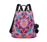 Loancwa Women’s Colorful Linear Floral Print Backpack 17L - 290 Twill Polyester Casual Daypack with Anti-Theft Back Zipper, Leather Handle & Plush Ball Keychain for Travel Shopping Outdoor