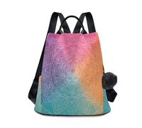 Loancwa Women’s Colorful Linear Pattern Backpack 17L - 290 Twill Polyester Casual Daypack with Anti-Theft Back Zipper, Leather Handle & Plush Ball Keychain for Travel Shopping Outdoor