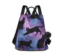 Loancwa Women’s Dark-style Flower Vine Cat Pattern Backpack 17L - 290 Twill Polyester Casual Daypack with Anti-Theft Back Zipper, Leather Handle & Plush Ball Keychain for Travel Shopping Outdoor