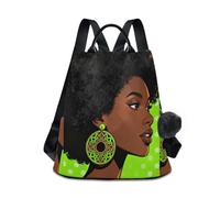 Loancwa Women’s Exploding Hair Hairstyle Pattern Backpack 17L - 290 Twill Polyester Casual Daypack with Anti-Theft Back Zipper, Leather Handle & Plush Ball Keychain for Travel Shopping Outdoor