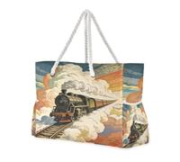 Loancwa Women’s Flying Train Pattern Lightweight Water Resistant Canvas Tote Bag, Large Casual Shoulder Handbag for Weekend Getaway Shopping Daily Errands Beach Trip