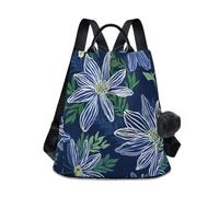 Loancwa Women’s Linear-style Floral Pattern Backpack 17L - 290 Twill Polyester Casual Daypack with Anti-Theft Back Zipper, Leather Handle & Plush Ball Keychain for Travel Shopping Outdoor