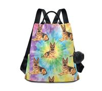 Loancwa Women’s Rainbow Tie-dye German Shepherd Pattern Backpack 17L - 290 Twill Polyester Casual Daypack with Anti-Theft Back Zipper, Leather Handle & Plush Ball Keychain for Travel Shopping Outdoor