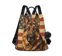 Loancwa Women’s Retro Star Flag Doberman Pattern Backpack 17L - 290 Twill Polyester Casual Daypack with Anti-Theft Back Zipper, Leather Handle & Plush Ball Keychain for Travel Shopping Outdoor