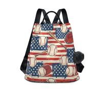 Loancwa Women’s Star Flag Baseball Bat Pattern Backpack 17L - 290 Twill Polyester Casual Daypack with Anti-Theft Back Zipper, Leather Handle & Plush Ball Keychain for Travel Shopping Outdoor