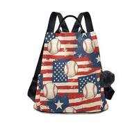 Loancwa Women’s Star Flag Baseball Pattern Backpack 17L - 290 Twill Polyester Casual Daypack with Anti-Theft Back Zipper, Leather Handle & Plush Ball Keychain for Travel Shopping Outdoor