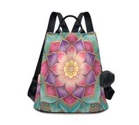 Loancwa Women’s Watercolor-style Mandala Floral Pattern Backpack 17L - 290 Twill Polyester Casual Daypack with Anti-Theft Back Zipper, Leather Handle & Plush Ball Keychain for Travel Shopping Outdoor