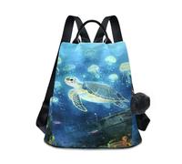 Loancwa Women's Sea Turtle Pattern on The Seabed Backpack 17L, 290 Twill Polyester, Back Zip Opening, Travel Casual Daypack with Pompom Keychain