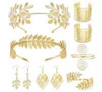 LOAYHOAY 10PCS Greek Goddess Costume Accessories for Women Gold Laurel Leaf Crown Headband Leaves Coil Arm Cuff Bracelets Pearl Dangle Earring Costume Jewelry for Bridal Wedding Halloween Cosplay, M