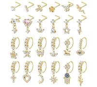 LOAYHOAY 24Pcs 20G Surgical Steel Dangle Nose Ring for Women L Shaped Dangling Nose Stud Dainty Nose Hoop Set CZ Flower Leaf Heart Moon Star Butterfly Dangle Nose Piercing Jewelry, Cubic Zirconia