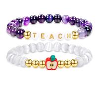LOAYHOAY 2PCS Teacher Appreciation Gifts for Women Cat's Eye Stone Beaded Bracelet Letter Stackable Bracelet Set Handmade Stretch Bracelet Teacher Thank You Gift for Teachers Thanksgiving Graduation