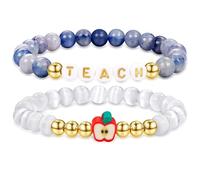 LOAYHOAY 2PCS Teacher Appreciation Gifts for Women Cat's Eye Stone Beaded Bracelet Letter Stackable Bracelet Set Handmade Stretch Bracelet Teacher Thank You Gift for Teachers Thanksgiving Graduation