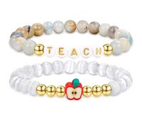 LOAYHOAY 2PCS Teacher Appreciation Gifts for Women Cat's Eye Stone Beaded Bracelet Letter Stackable Bracelet Set Handmade Stretch Bracelet Teacher Thank You Gift for Teachers Thanksgiving Graduation