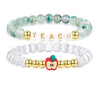 LOAYHOAY 2PCS Teacher Appreciation Gifts for Women Cat's Eye Stone Beaded Bracelet Letter Stackable Bracelet Set Handmade Stretch Bracelet Teacher Thank You Gift for Teachers Thanksgiving Graduation